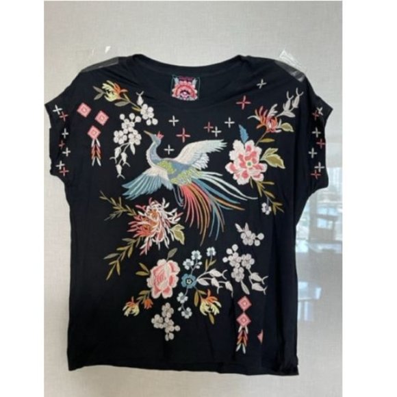 Johnny Was Ceretti Relaxed Tee Special Flower Black Floral Bird Cotton Shirt NEW - Picture 5 of 7